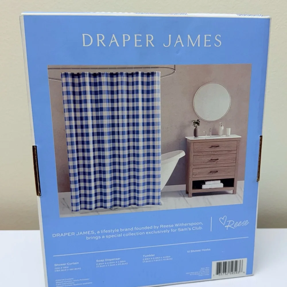 Draper James 15-Pc Bath Set Blue Gingham Shower Curtain, Soap Dispenser, Tumbler
